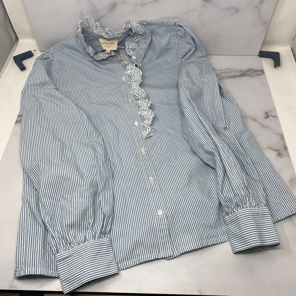 Sezane Chlo Shirt Stripes Ecru Blue Size 38 US 6
